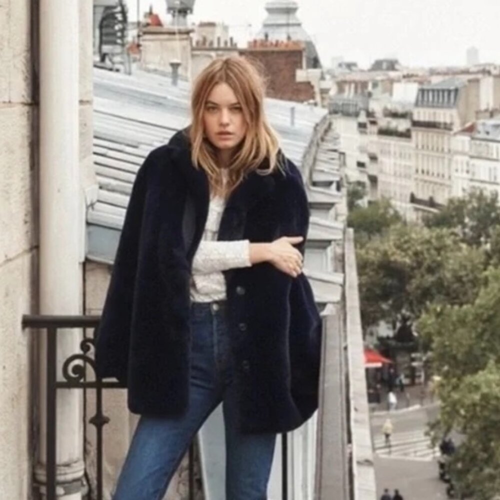 Sézane Isee Navy Faux Fur Coat